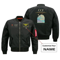 Thumbnail for Carcassonne Airport (CCF) design on black bomber jacket with custom name patch