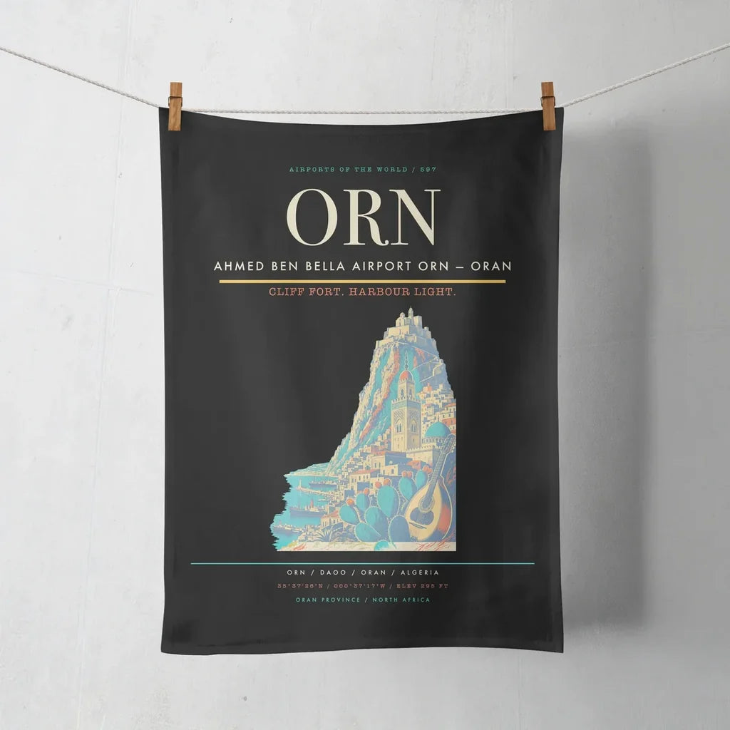 Ahmed Ben Bella Airport (ORN) design on black towel