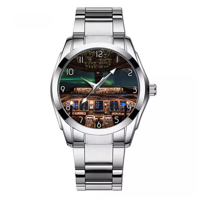 Boeing 777 Cockpit aviation-themed watch with stainless steel band, polished stainless steel.