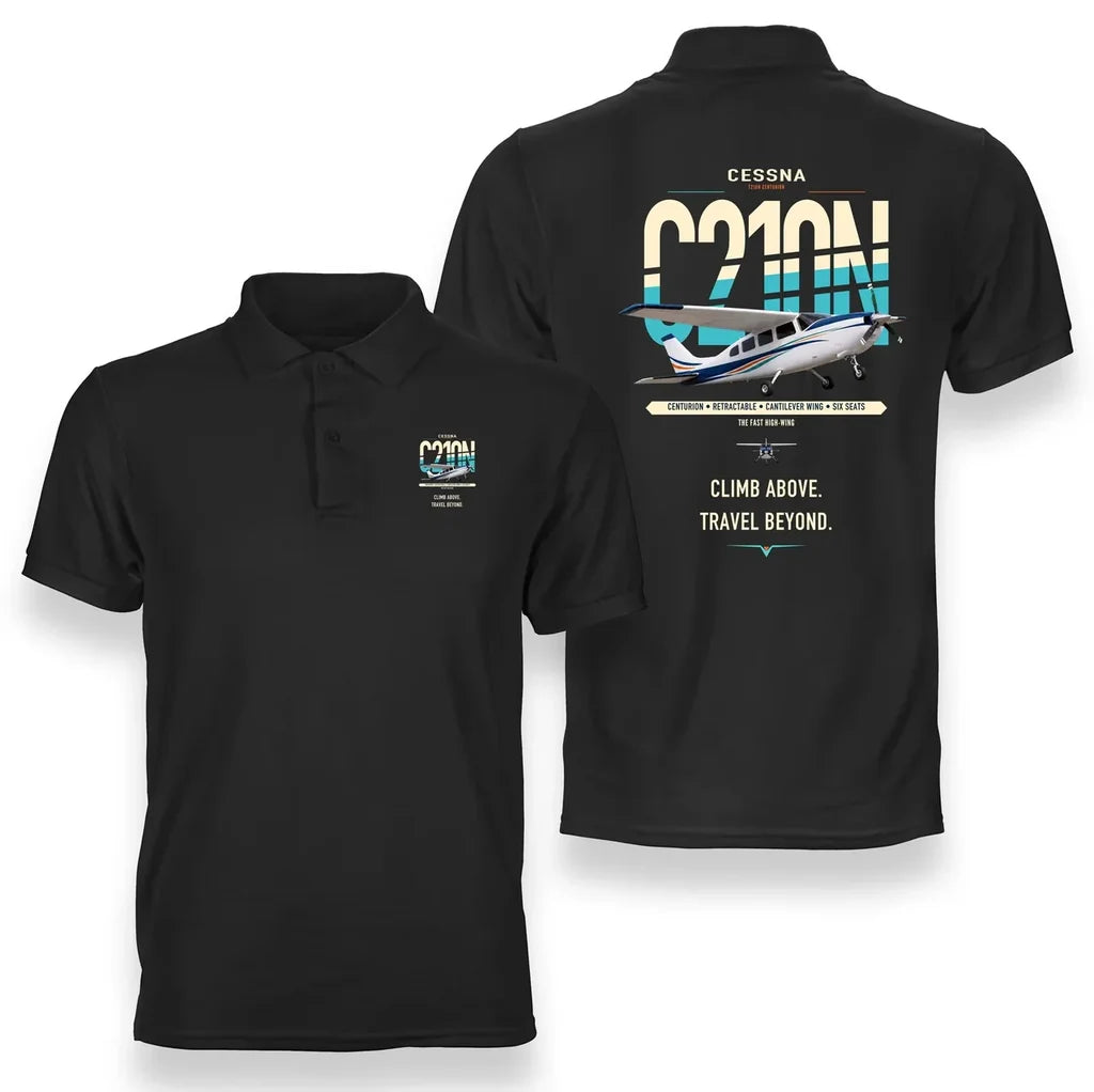 Cessna T210N Centurion design on black double-side polo t-shirt, double-side print