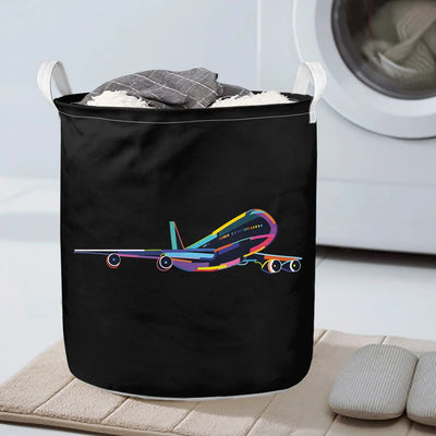 Multicolor aviation design on durable fabric with reinforced handles laundry basket.