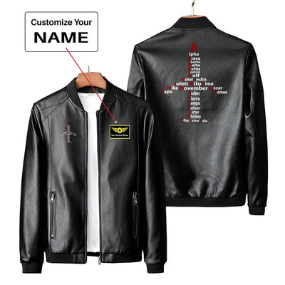 Airplane Shape Aviation Alphabet PU aviation design printed on genuine leather with quilted lining leather jacket.