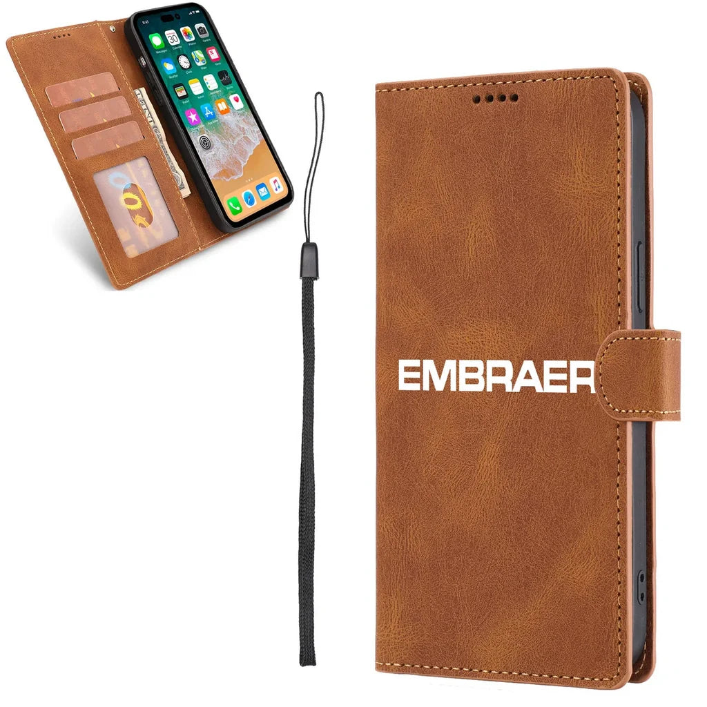 Embraer & Text aviation design on leather phone case for phone.