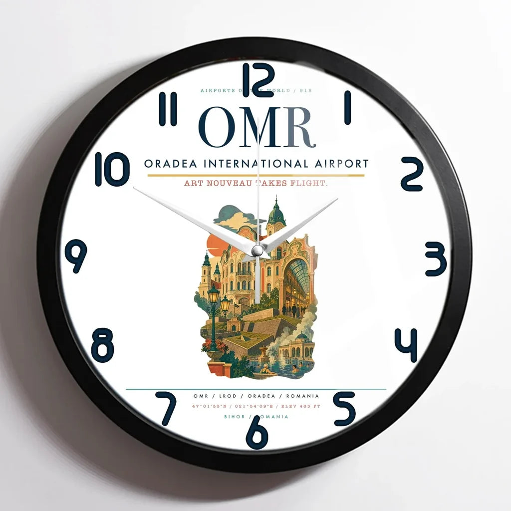 Oradea International Airport (OMR) design on white framed wall clock