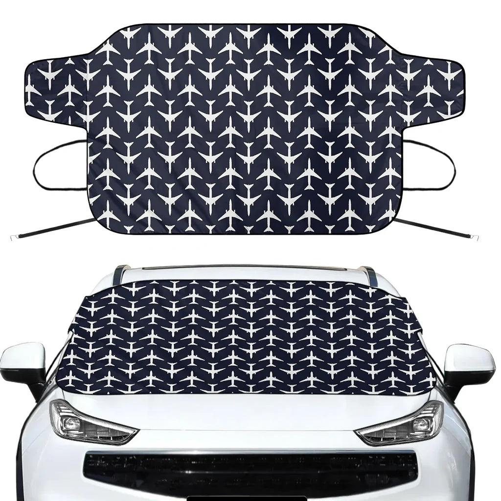 Perfectly Sized Seamless Airplanes Dark Blue Car aviation design on car windshield cover.