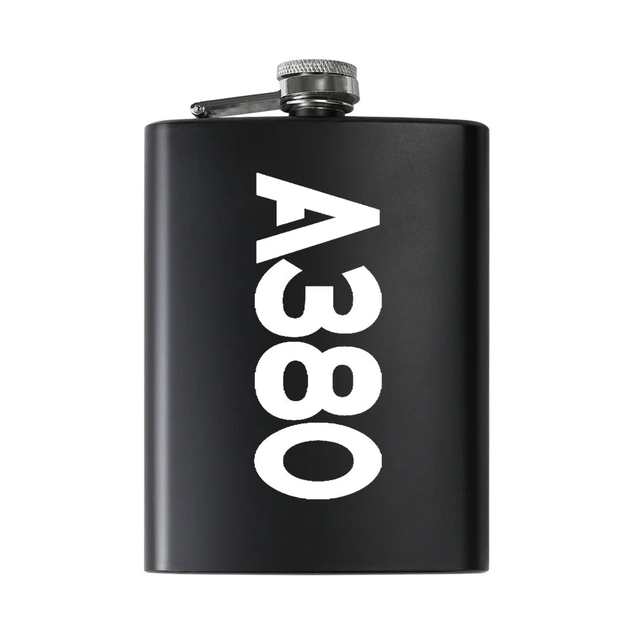 Airbus A380 Text aviation design on stainless hip flask, compact pocket-size flask.