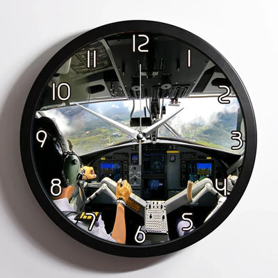 Fantastic Cockpit Shot aviation design on premium wood and metal wall clock.