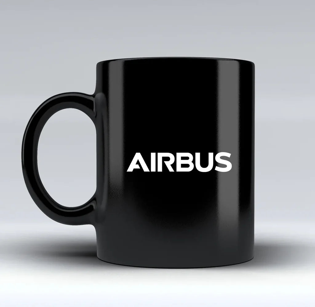 Airbus & Text aviation design on black mug, matte black ceramic finish.