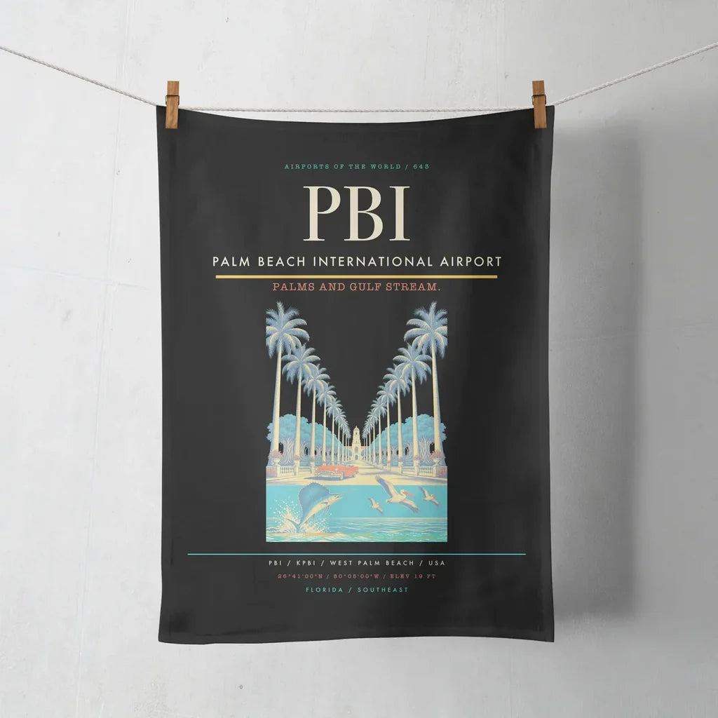 Palm Beach International Airport (PBI) design on black towel