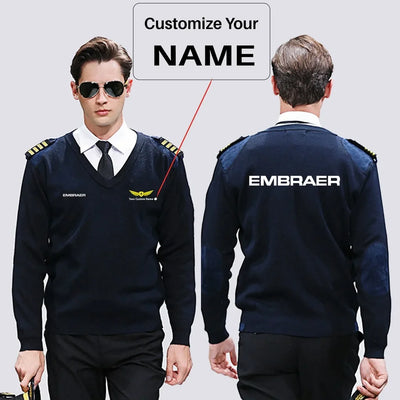 Embraer & Text aviation design on premium wool blend wool pilot sweater.