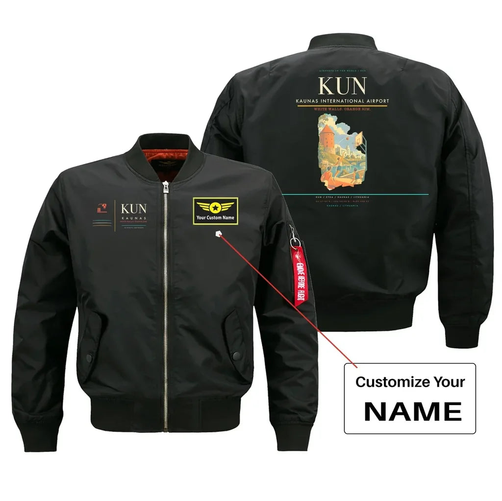 Kaunas International Airport (KUN) design on black bomber jacket with custom name patch