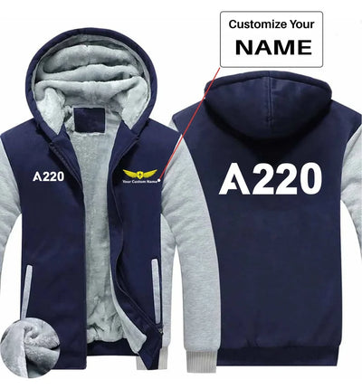 Airbus A220 Flat Text aviation design printed on soft cotton blend zipped sweatshirt.