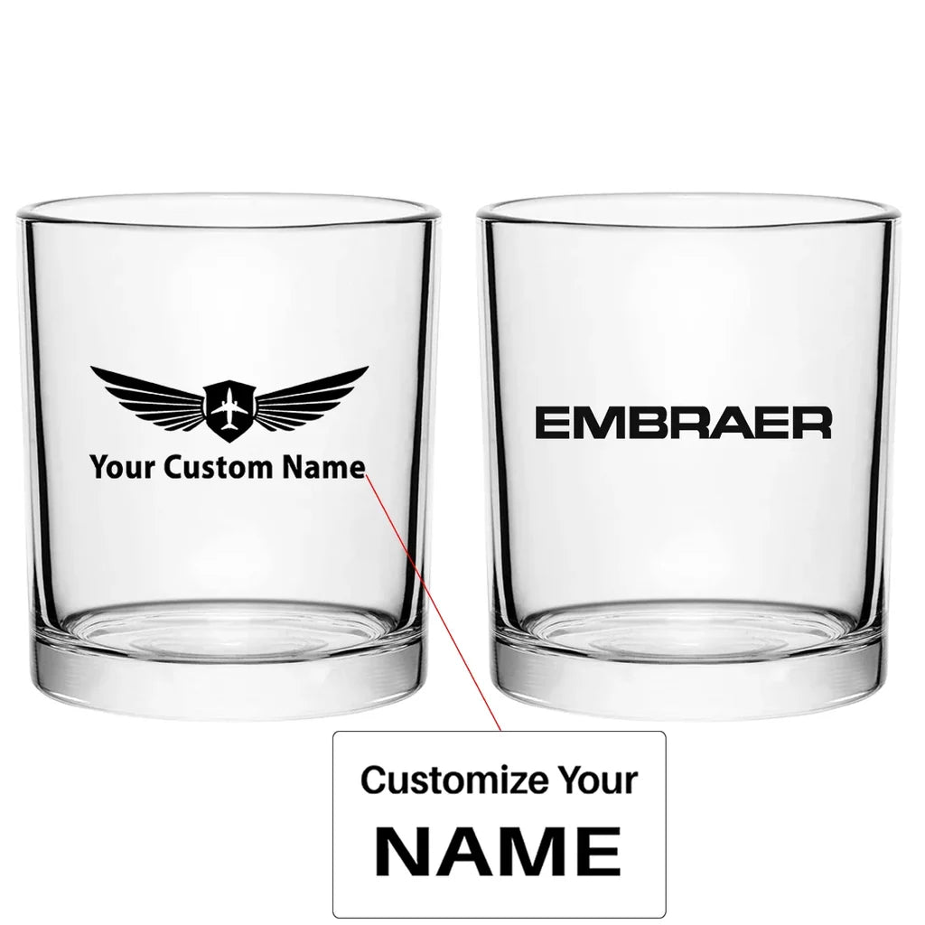 Embraer & Text aviation design on whiskey glass, special-edition crystal cut.