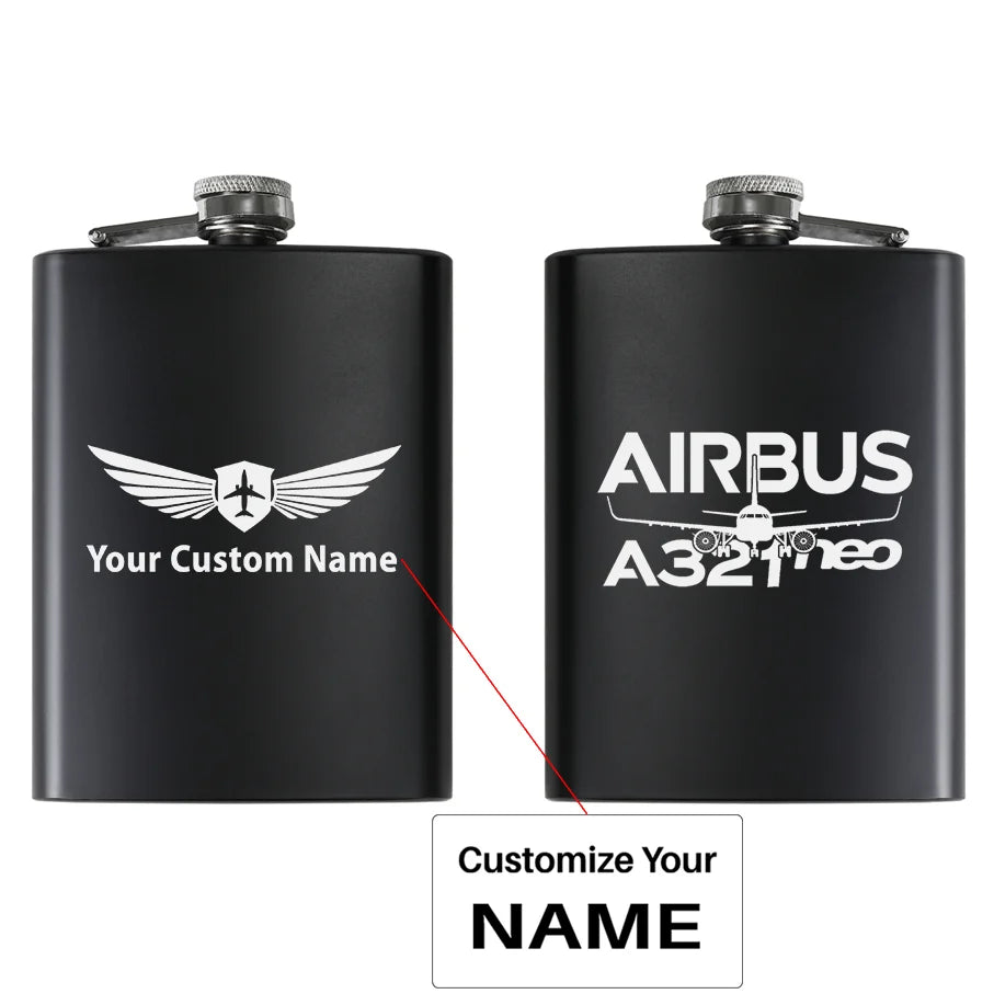 Amazing Airbus A321neo aviation design on stainless hip flask, compact pocket-size flask.