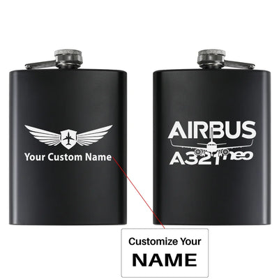 Amazing Airbus A321neo aviation design on stainless hip flask, compact pocket-size flask.