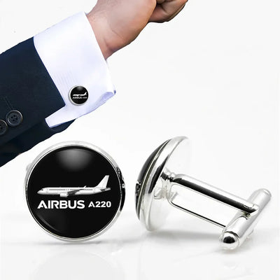 The Airbus A220 aviation-themed cuff links, polished metal.