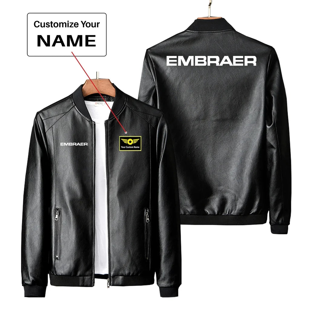 Embraer & Text PU aviation design printed on genuine leather with quilted lining leather jacket.