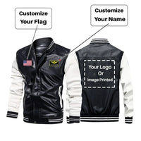 Thumbnail for Custom Flag & Name & LOGO aviation design printed on genuine leather with modern tailored fit stylish leather jacket.