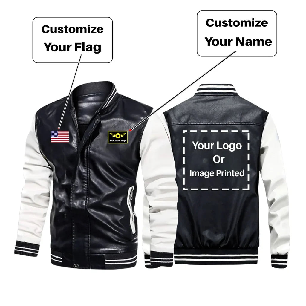 Custom Flag & Name & LOGO aviation design printed on genuine leather with modern tailored fit stylish leather jacket.