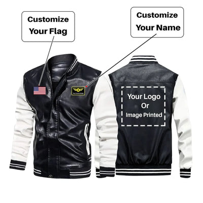 Custom Flag & Name & LOGO aviation design printed on genuine leather with modern tailored fit stylish leather jacket.