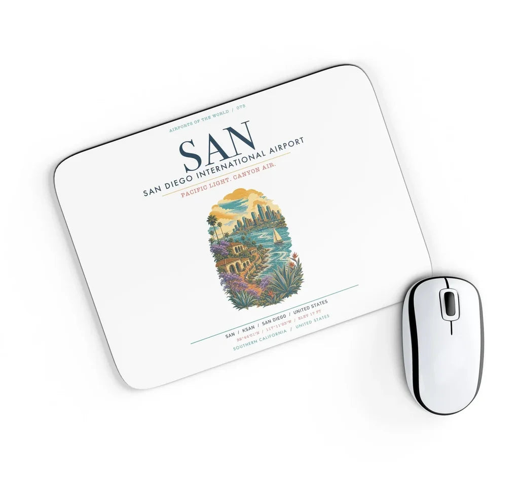 San Diego International Airport (SAN) design on white rectangle mouse pad