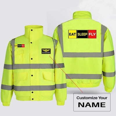 Eat Sleep Fly (Colourful) aviation design printed on insulated shell with high-visibility reflective panels reflective winter.