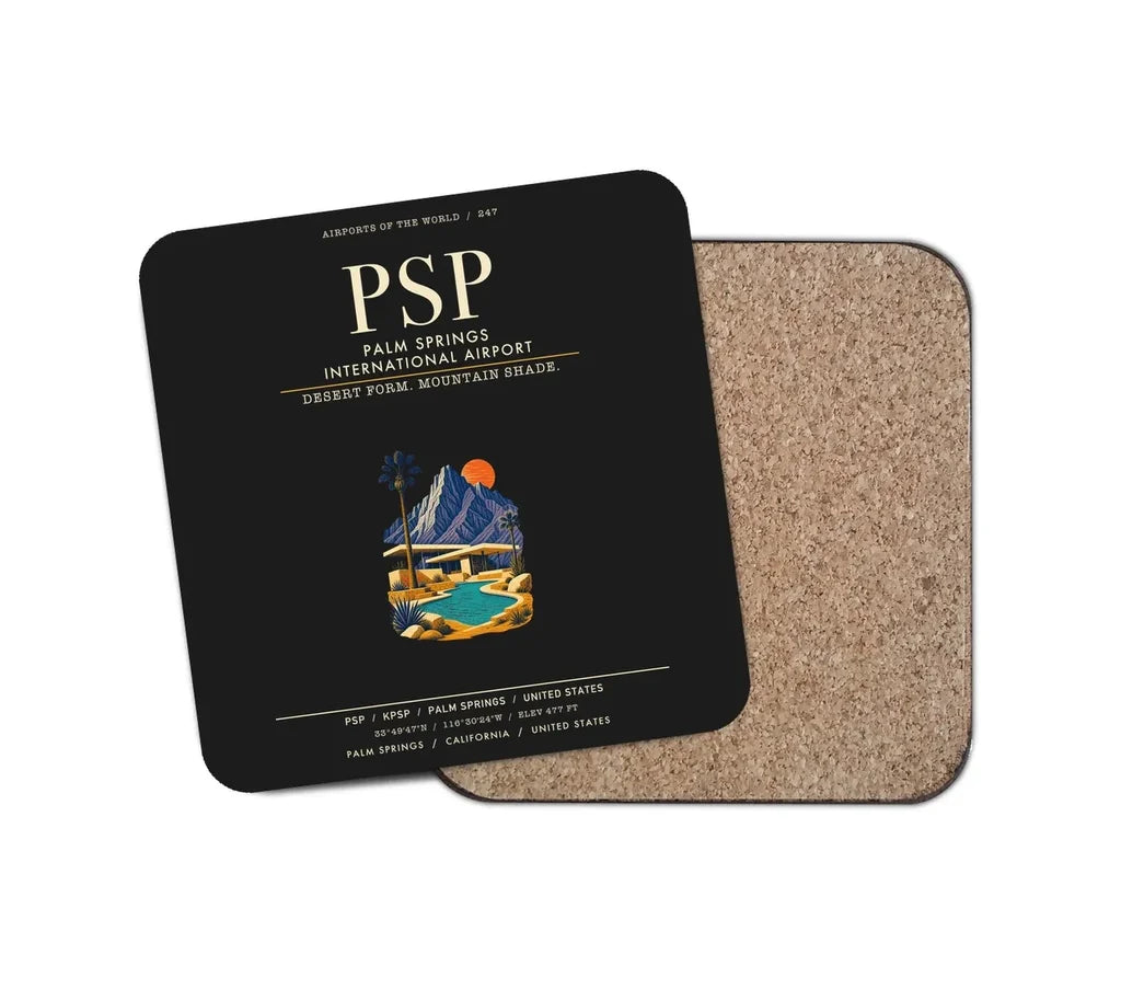Palm Springs International Airport (PSP) design on black 1 piece coaster