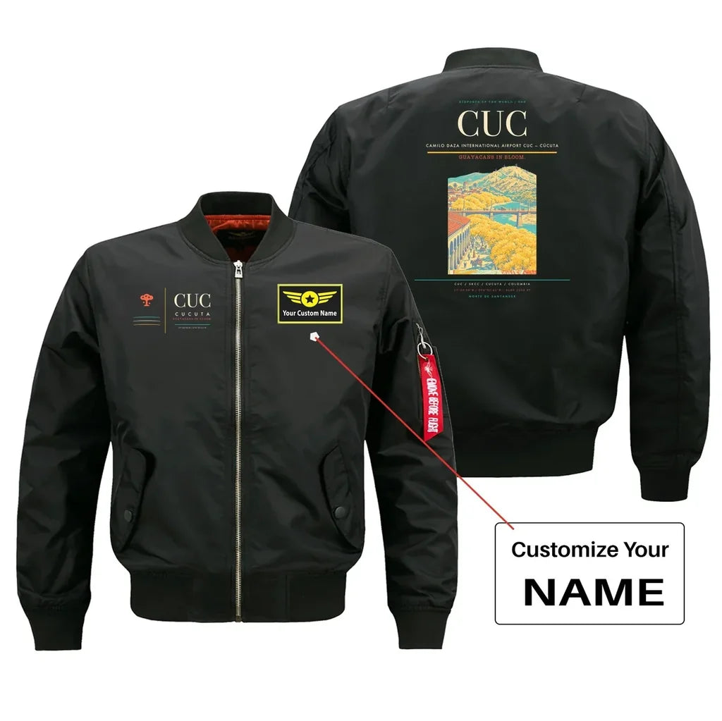 Camilo Daza International Airport (CUC) design on black bomber jacket with custom name patch