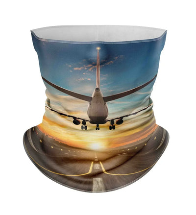 Airplane over Runway Towards the Sunrise Full Face aviation design on soft knit fabric face ski mask.