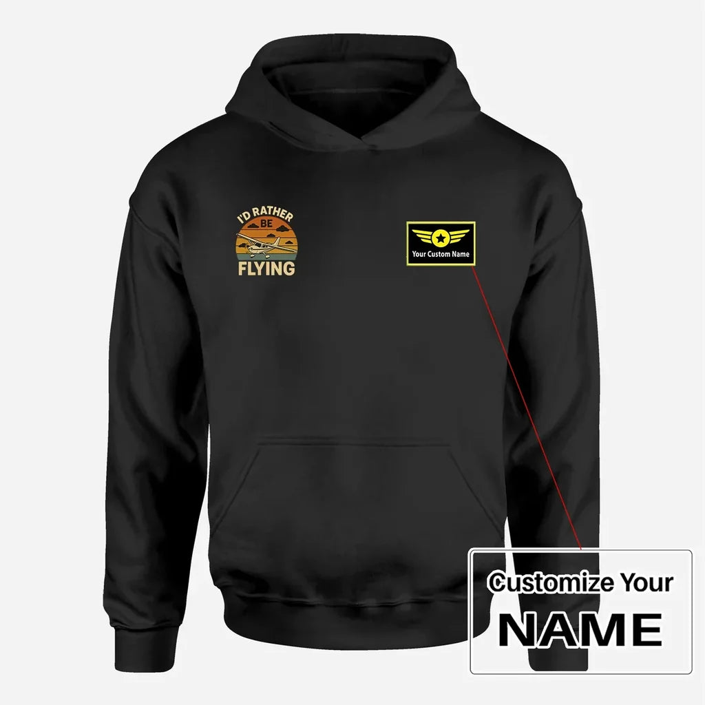 Retro I'D Rather Be Flying aviation design on soft cotton blend men's hoodie with small chest logo.