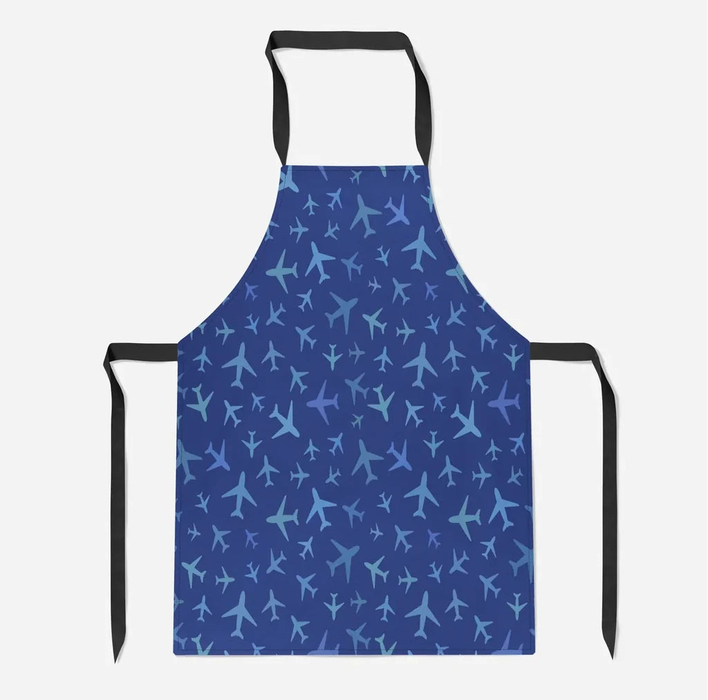 Many Airplanes Blue aviation design on durable cotton blend kitchen apron.