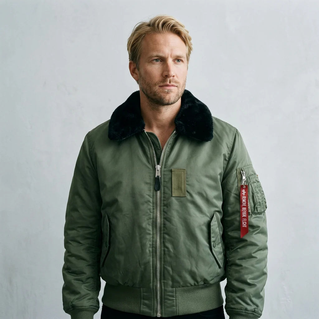 Pilot jacket on model — editorial