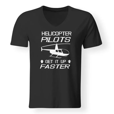 Helicopter Pilots Get It Up Faster aviation design printed on soft cotton V-neck T-shirt.
