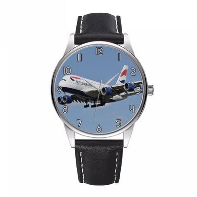 Landing British Airways A380 aviation-themed watch with leather strap, polished leather strap.