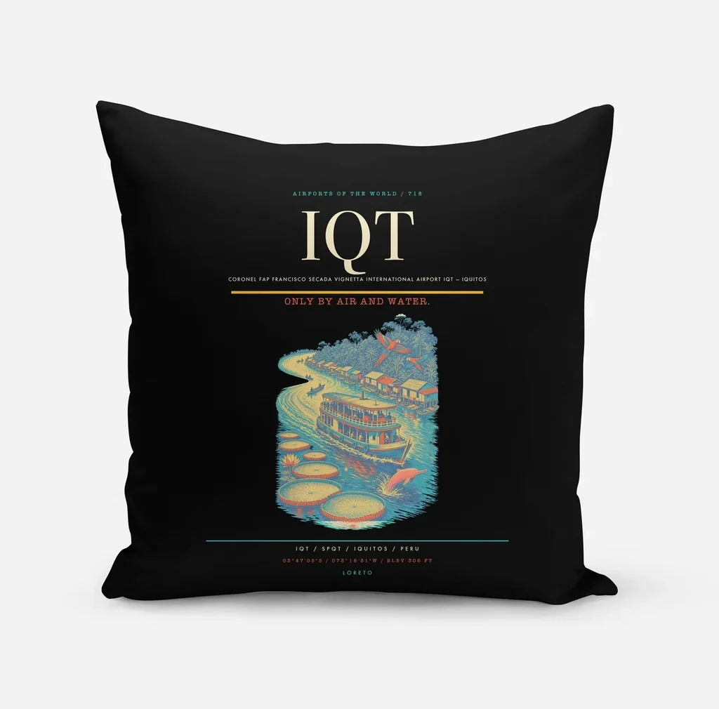 Coronel FAP Francisco Secada Vignetta International Airport (IQT) design on black pillow