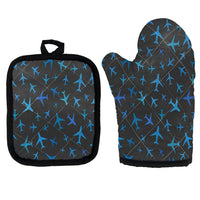 Thumbnail for Many Airplanes Gray Kitchen Glove & Holder aviation design on durable fabric with insulated lining kitchen glove holder.
