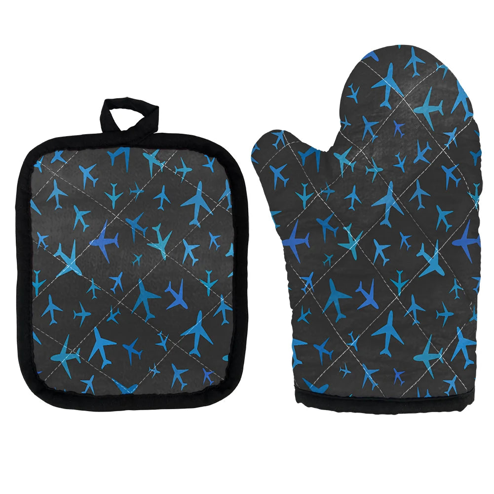 Many Airplanes Gray Kitchen Glove & Holder aviation design on durable fabric with insulated lining kitchen glove holder.