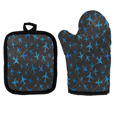 Many Airplanes Gray Kitchen Glove & Holder aviation design on durable fabric with insulated lining kitchen glove holder.