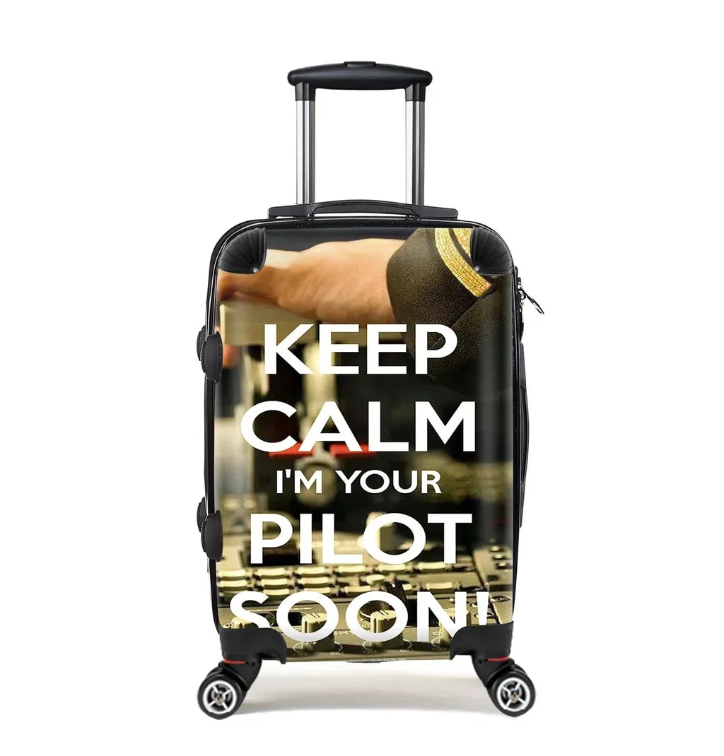 Keep Calm I'm your Pilot Soon Cabin Size aviation luggage in durable shell.