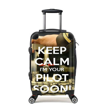 Keep Calm I'm your Pilot Soon Cabin Size aviation luggage in durable shell.