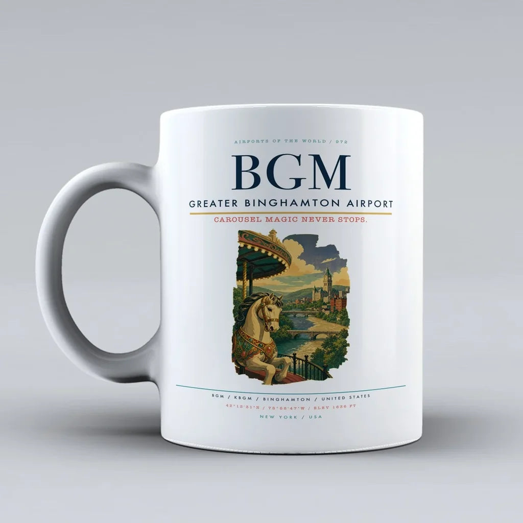 Greater Binghamton Airport (BGM) airport code design on white ceramic mug
