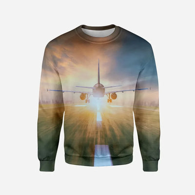 Airplane Flying Over Runway Printed aviation design printed on soft cotton blend 3D sweatshirt.