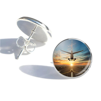 Airplane over Runway Towards the Sunrise aviation stud earrings, stainless steel body with engraved detail.