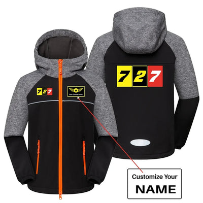 Flat Colourful 727 aviation design printed on warm polar fleece kids' polar jacket.