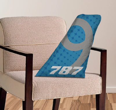 Boeing 787-9 aviation design on soft polyester filling aircraft tail pillow.