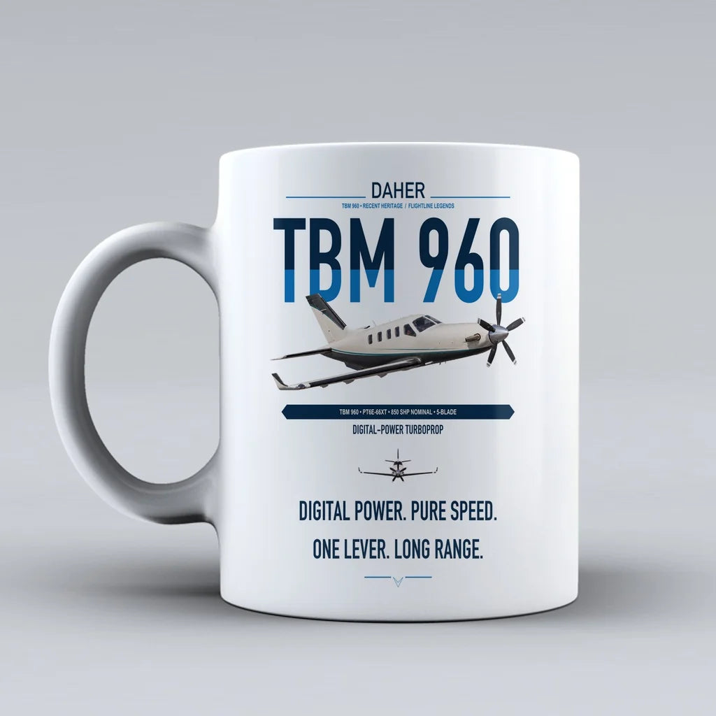 Daher TBM 960 design on white ceramic mug, double-side print