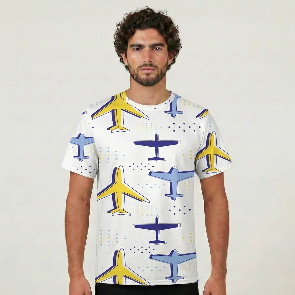 Very Colourful Airplanes aviation design printed on soft cotton 3D-print T-shirt.