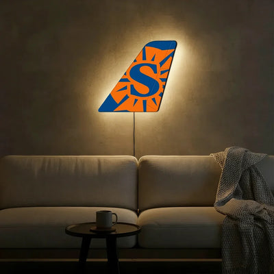 Sun Country Airlines aviation design on durable metal with LED aircraft tail wall art.