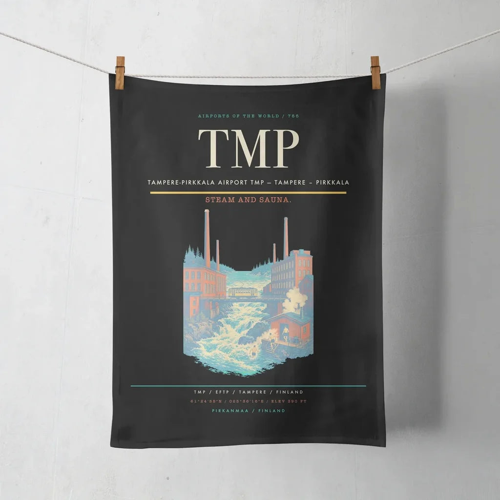 Tampere-Pirkkala Airport (TMP) design on black towel