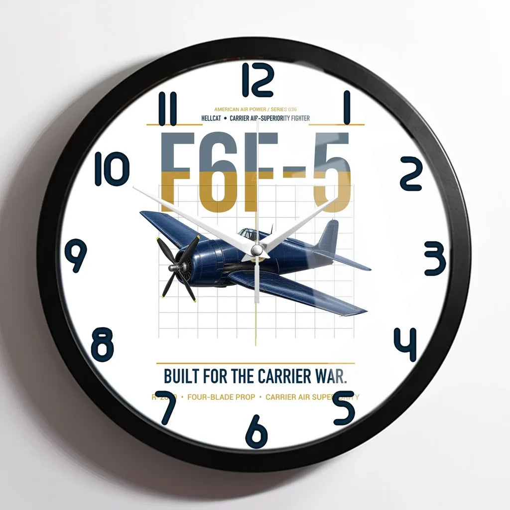 F6F-5 Hellcat design on white framed wall clock